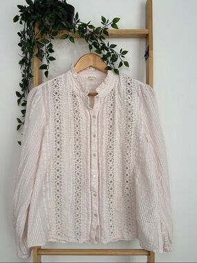 Ultra Pink Light Pink Boho Embroidered  Cottagecore Romantic Blouse Size L